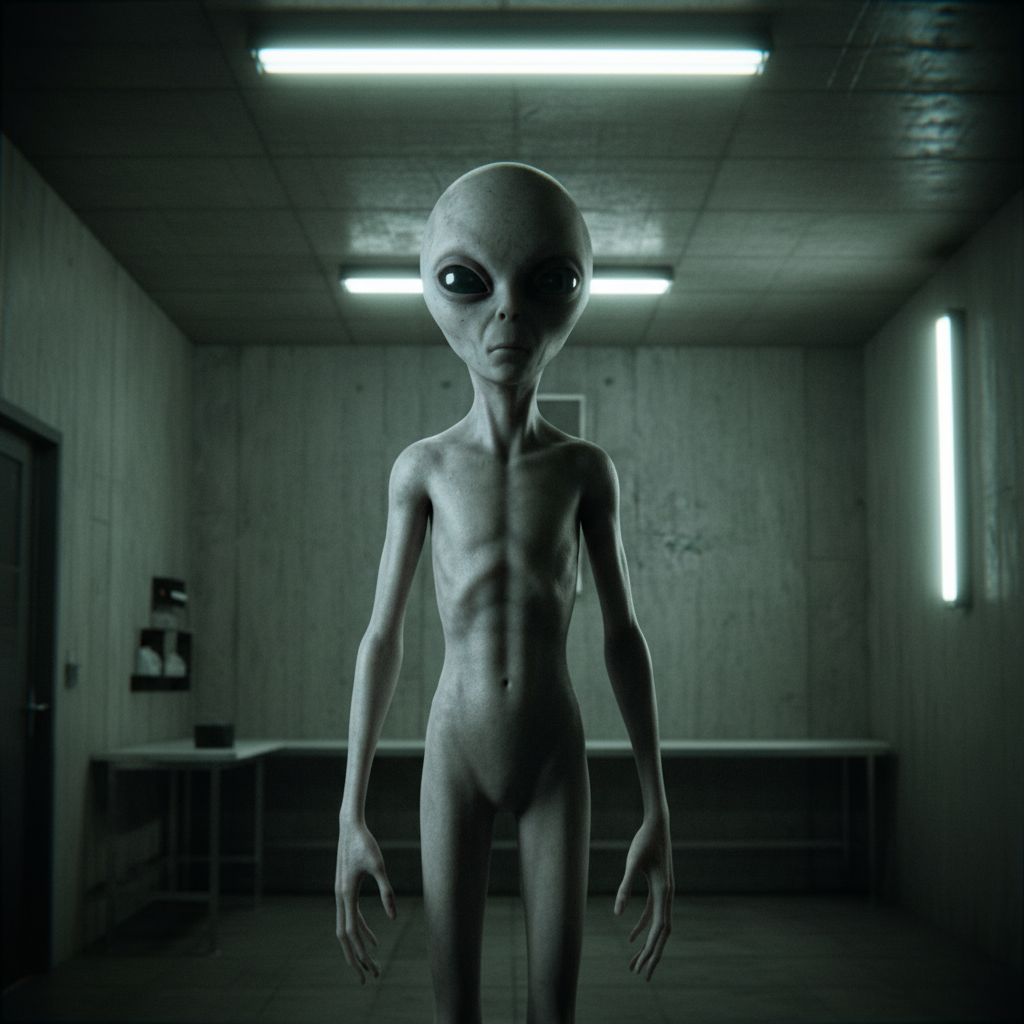 Gray alien CGI cinematic render